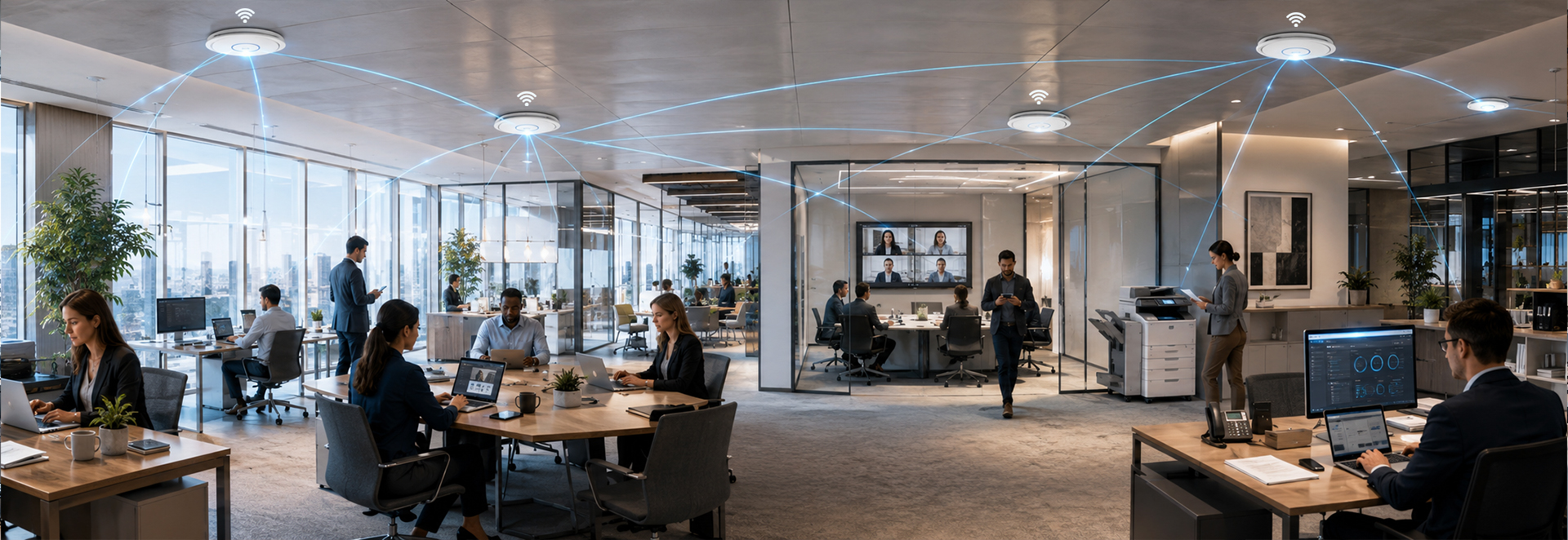 Modern open-plan modern office space showing wireless network access points mounted on the ceiling with glowing blue graphic lines connecting them to various workstations and employees.