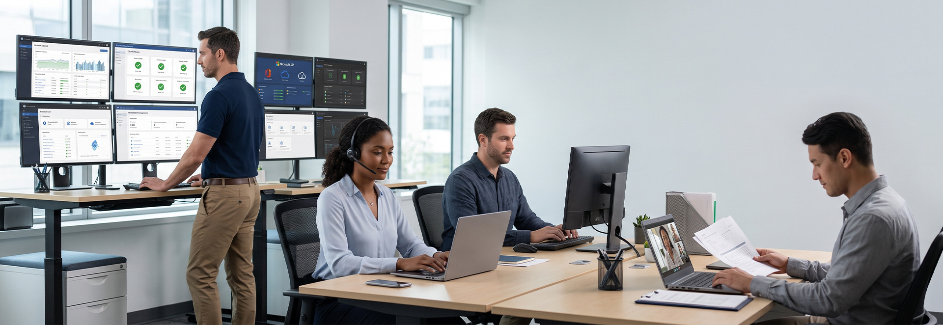 I'll write an alt text description that incorporates your requested keyword naturally. A business office team in a modern office, showcasing the **Benefits of Fully Managed IT Support** with professional staff focused on tasks using multiple monitors and laptops for seamless operations.